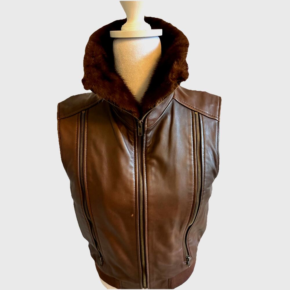 VTG Women bomber Leather Vest fur trim Quilted Aviator Pockets Biker Retro Moto